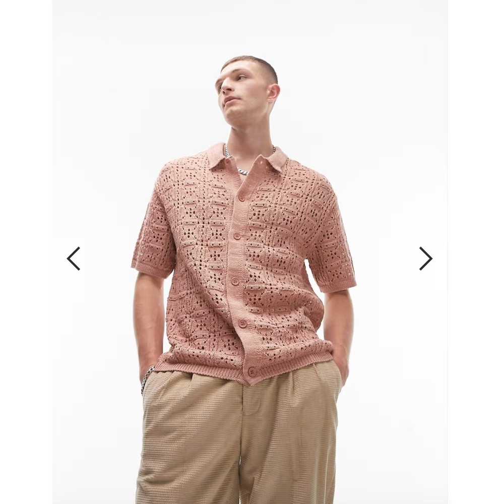Topman Knitted Pointelle Button Through Shirt S Pink Open Knit Camp Resortwear
